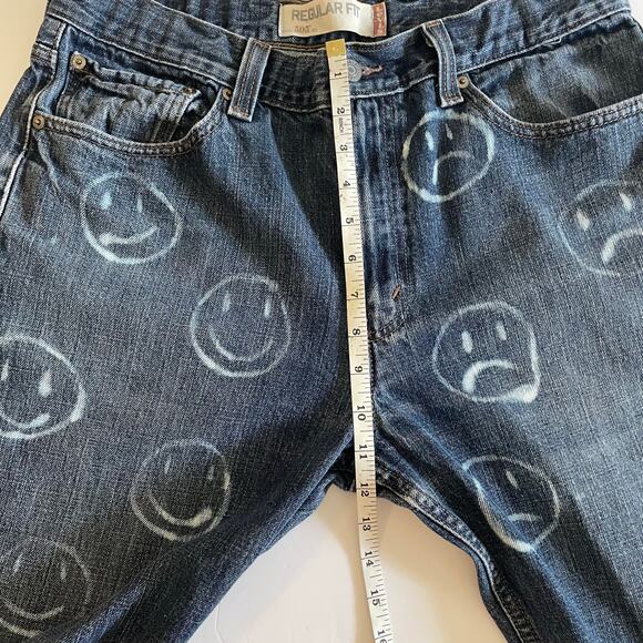 LEVI'S 505 Regular Fit Bleach Smiley Face Denim Jeans Frayed Hem Size 34/30 - Picture 11 of 16